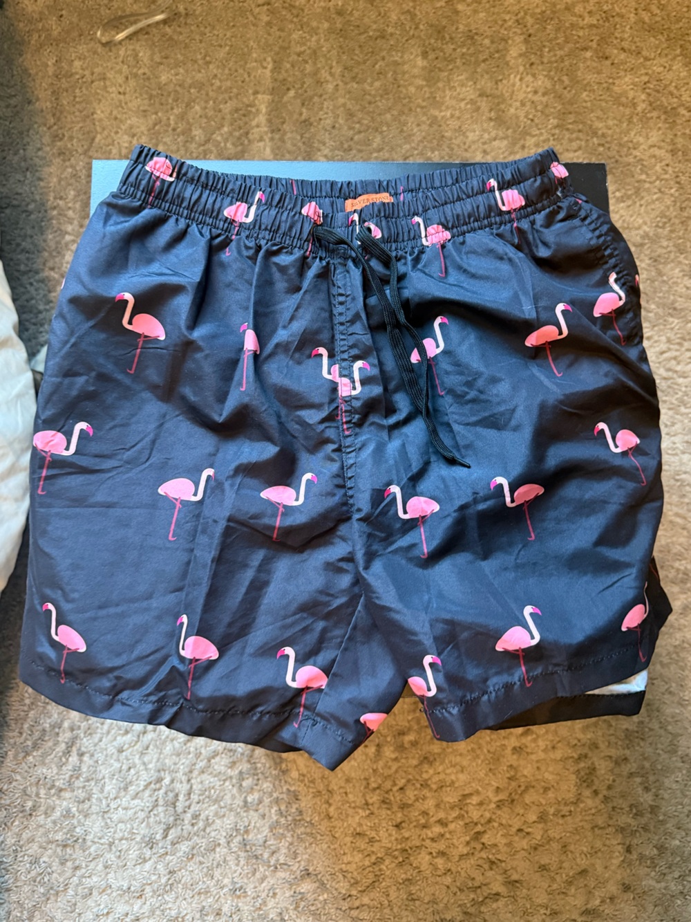 Mens Navy Swim Shorts with Pink Flamingo Print